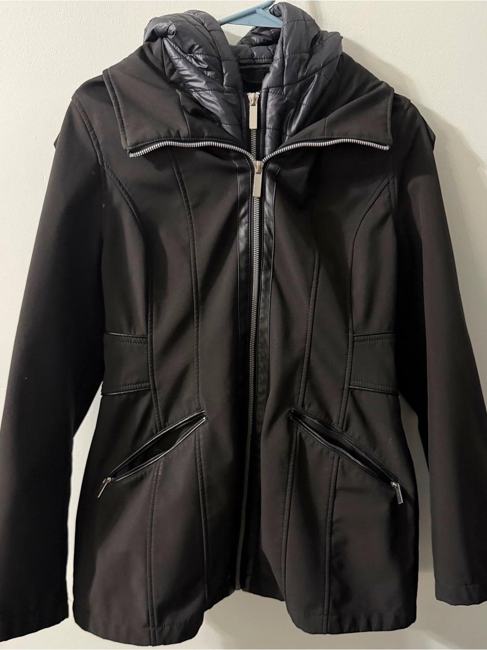 French Connection Black Softshell Jacket with Quilted Hood